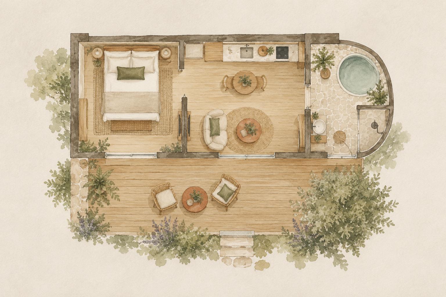 Plan aquarellé conceptuel d'une cabane avec chambre, bain, espace de vie et terrasse